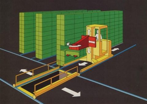 TRASLOELEVATORE A FORCOLE TRILATERALIE MONTANTE TELESCOPICO PER UNITA PALETTIZZATE (Anni 1980-90)